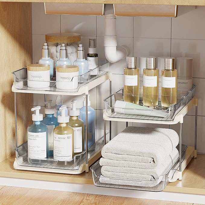 Delamu 2-Tier Multi-Purpose Bathroom Under Sink Organizers and Storage, Stackable Kitchen Pantry Organization, Pull Out Medic