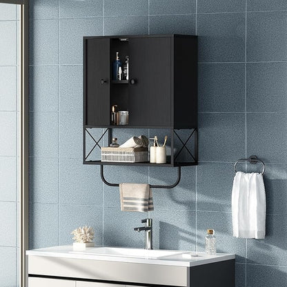 MAHANCRIS Bathroom Wall Cabinet with 2 Door and Adjustable Shelf, Farmhouse Medicine Cabinet with Towel Rack, 3-Tier Wall Mou