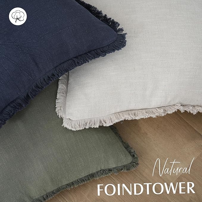 Foindtower Set of 2 Decorative Linen Fringe Throw Pillow Covers Cozy Boho Farmhouse Cushion Cover with Tassels Soft Accent Pi