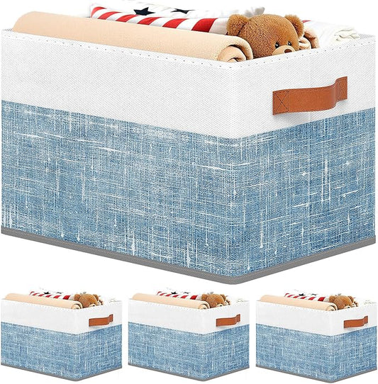 Fab totes Collapsible Storage Baskets for Shelves,14"x10", 4 Pack Foldable Fabric Storage Bins with Double Leather Handles, L