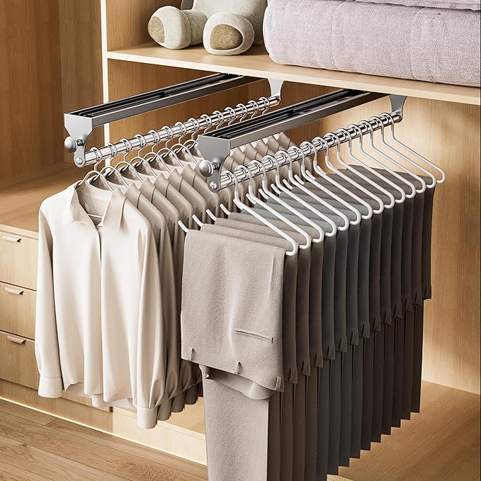 2 Pack Pull Out Closet Rod, 15.7inch Heavy Duty Pants Rack, Adjustable Clothes Hanger Rail, Space Aluminum Valet Rod, Top Mou
