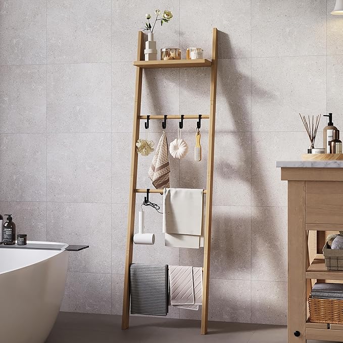 63" Bamboo Blanket Ladder with Shelf and 5 Hooks, 4 Tier Leaning Blanket Rack, Farmhouse Towel Ladder Rack, Decorative Quilt 