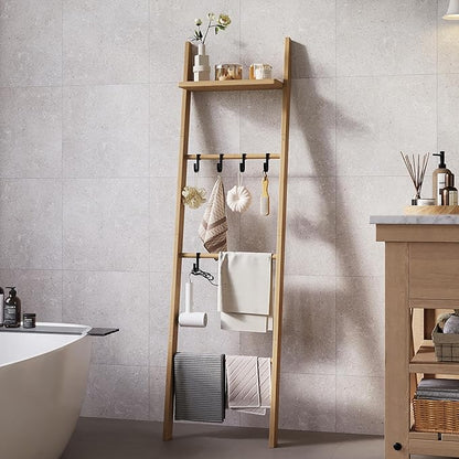 63" Bamboo Blanket Ladder with Shelf and 5 Hooks, 4 Tier Leaning Blanket Rack, Farmhouse Towel Ladder Rack, Decorative Quilt 