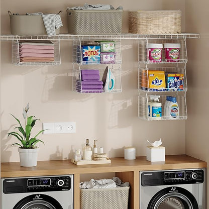 3-Tier Hanging Laundry Basket Organizer：Foldable Wire Shelf Laundry Room Organizer with 360°Rotating Hooks Small Space Soluti