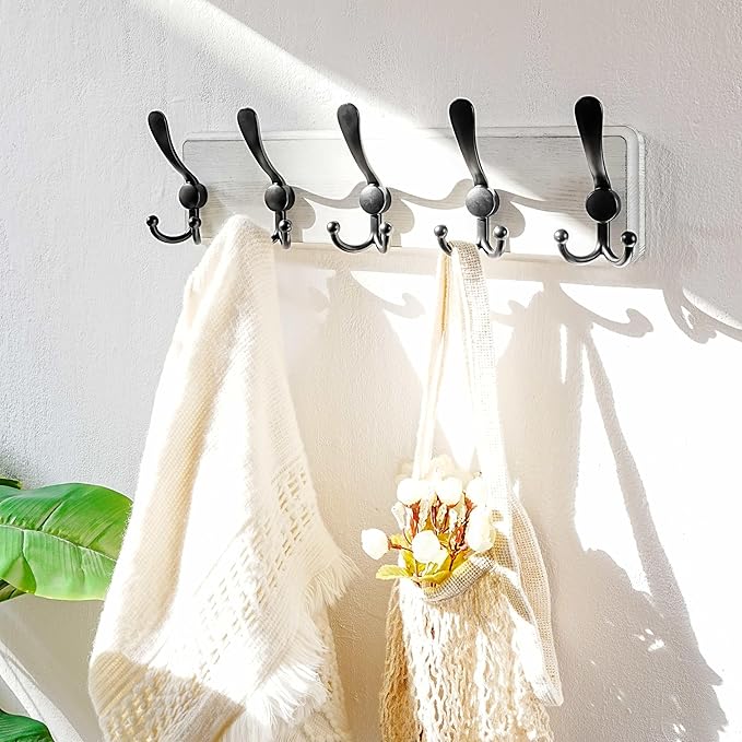 Dseap Coat Rack Wall Mounted - 5 Tri Hooks, Heavy Duty, Wooden Wall Coat Hanger Coat Hook for Clothes Hat Jacket Clothing, Wh