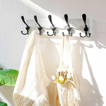 Dseap Coat Rack Wall Mounted - 5 Tri Hooks, Heavy Duty, Wooden Wall Coat Hanger Coat Hook for Clothes Hat Jacket Clothing, Wh
