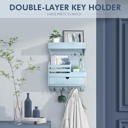Rebee Vision Farmhouse Key Holder Wall Mount with Drawer Organizer – Pine Wooden Mail & Key Organizer with 6 Sturdy Hooks & F