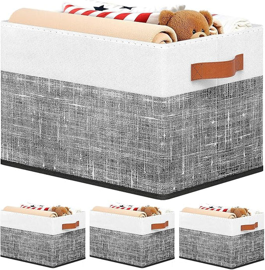 Fab totes Collapsible Storage Baskets for Shelves,14"x10", 4 Pack Foldable Fabric Storage Bins with Double Leather Handles, L