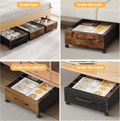 KITHELP Under Bed Storage with Wheels, Wooden Under Bed Drawers 2 Packs, Rolling Underbed Storage Containers Organizer with H