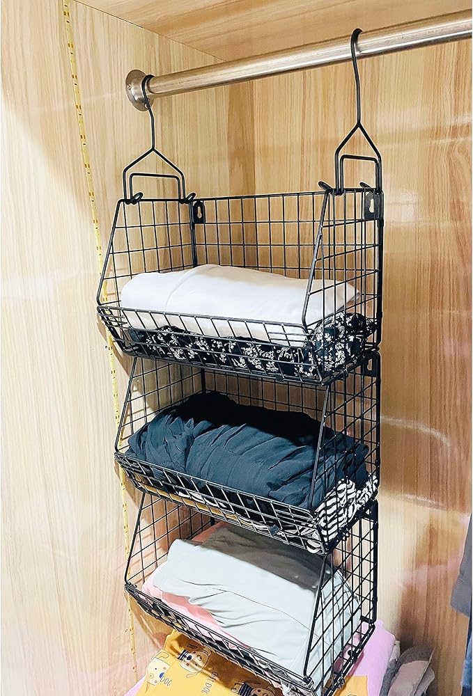 3 Tier Hanging Foldable Wire Baskets Closet Organizer Clothes Shelves Countertop Caddy Bin Wall Mount Shelf Storage Basket Bi