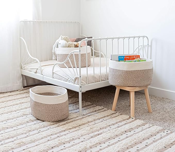 OrganiHaus Rope Baskets for Shelves - Set of 3 Woven Storage Baskets for Organizing, Closet & Toy Storage - Brown/Off-White -