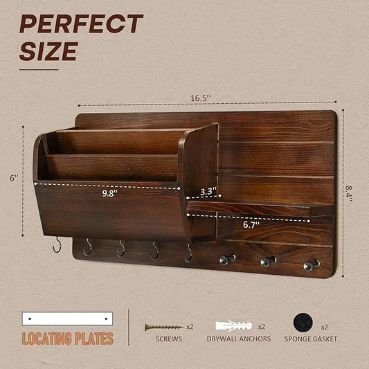Rebee Vision Pine Wood Key Holder Wall Mount for Home Decor - Vintage Mail Holder Wall Mounted with Floating Shelf & Hooks - 