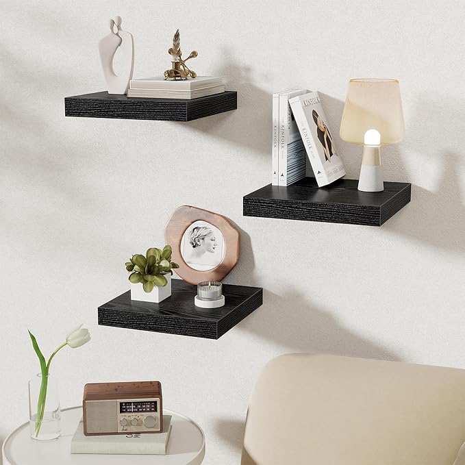 Fun Memories 12 Inch Square Floating Shelves 3 Pack - Wall Shelves with Invisible Brackets, Small Floating Shelves for Wall, 