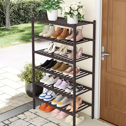 Smiry Shoe Rack, 6 Tier Thick Bamboo Shoe Organizer, Stackable Free Standing Wooden Shoe Storage Shelf for Closet, Entryway, 