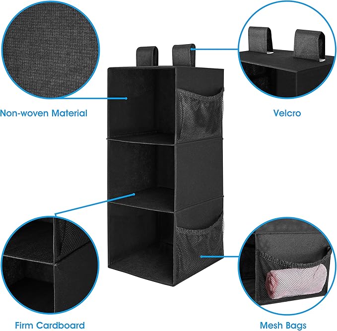 MAX Houser 3-Shelf Hanging Closet Organizers, Collapsible Closet Hanging Shelves for Camper, Nursery Hanging Organizers, Blac