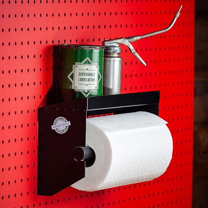 Pegboard Paper Towel Holder with Shelf, Peg Board Accessory Kit with Heavy Duty Peg Hooks, Black Pegboard Accessories Tool Ho