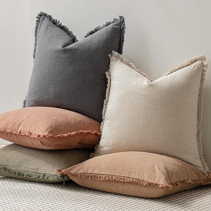 Foindtower Set of 2 Decorative Linen Fringe Lumbar Throw Pillow Covers Boho Farmhouse Cushion Cover with Tassels Soft Accent 