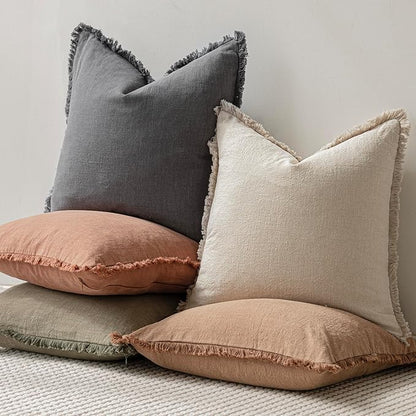 Foindtower Set of 2 Decorative Linen Fringe Lumbar Throw Pillow Covers Boho Farmhouse Cushion Cover with Tassels Soft Accent 