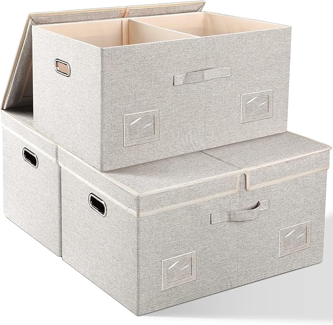 Graciadeco 75 Quarts Extra Large Decorative Storage Bins with Lids, 3 Packs Beige Collapsible Storage Bins with Lids, Stackab