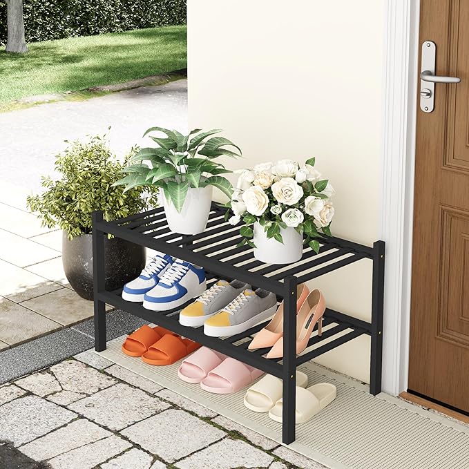 Smiry Shoe Rack, 2 Tier Thick Bamboo Shoe Organizer, Stackable Free Standing Wooden Shoe Storage Shelf for Closet, Entryway, 