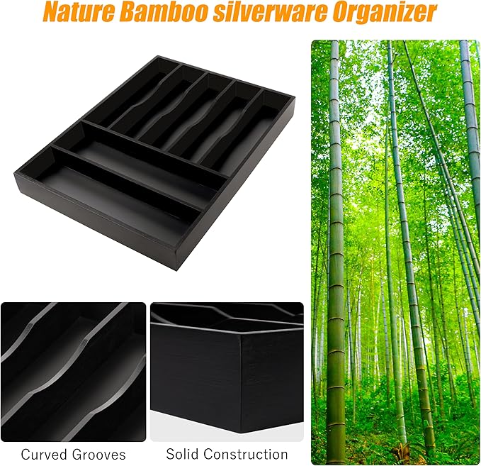 Bellsal Bamboo Silverware Drawer Organizer, Utensil Kitchen Drawer Organizer, Utensil Holder Cutlery Tray with Grooved Drawer