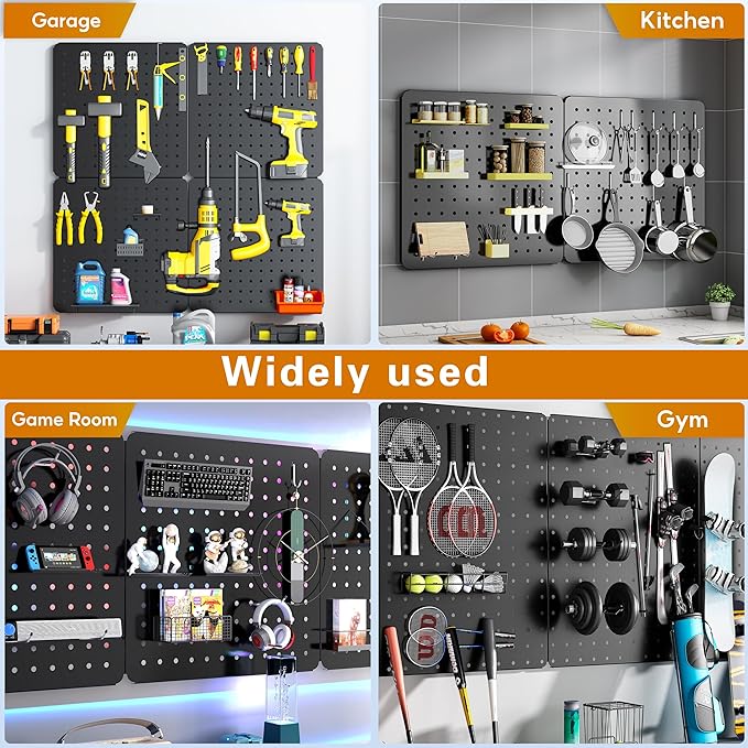 Peg Board, 68PCS Heavy Duty Metal Pegboard with Hooks, 4 Pack Black Peg Board Panels, 50lbs Load Capacity Each, Pegboard Wall