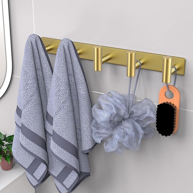 VAEHOLD Hat and Coat Wall Mount Rack - Hooks for Robes, Bags, Keys, and Towels - Bathroom Towel Hanger Organizer (Gold, “T“ S