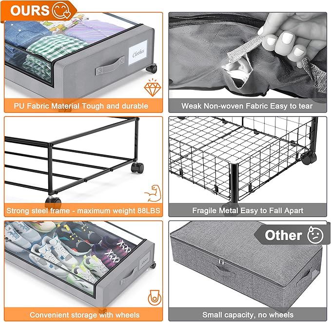 Under Bed Storage with Wheels, 2-Pack Under Bed Storage Containers with Clear Lids, XXL 60L Under the bed storage Organizer B