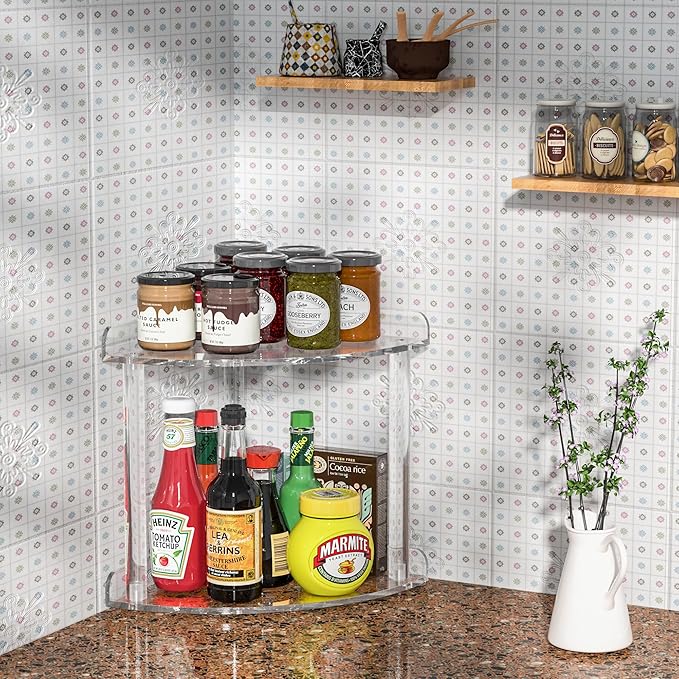 Sezanrpt 2 Tier Countertop Corner Organizer Shelf 7x7x8 Inch, Acrylic Bathroom Organizer Corner Shelf for Countertop, Clear V