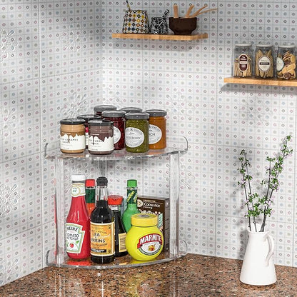 Sezanrpt 2 Tier Countertop Corner Organizer Shelf 7x7x8 Inch, Acrylic Bathroom Organizer Corner Shelf for Countertop, Clear V