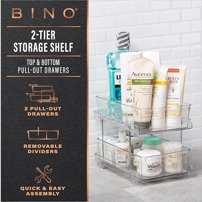 BINO 2 Tier Clear Storage Organizer with Dividers | Slide Out Drawer for Under Sink or Medicine Cabinet | Bathroom Closet, Va