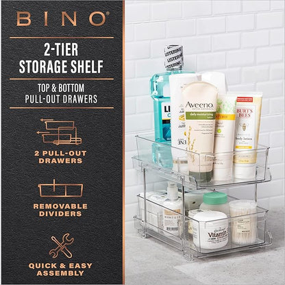 BINO 2 Tier Clear Storage Organizer with Dividers | Slide Out Drawer for Under Sink or Medicine Cabinet | Bathroom Closet, Va