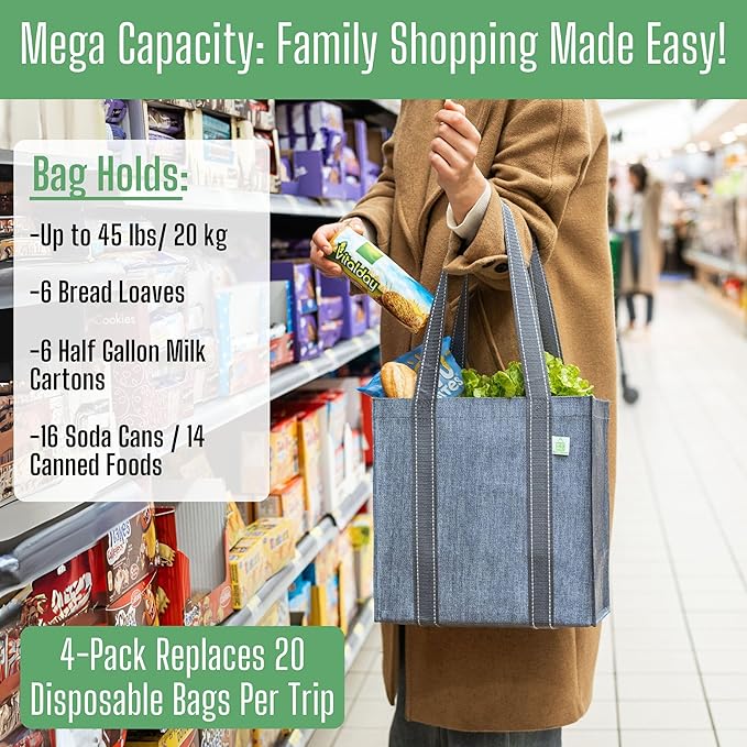 VENO 2-4 Pack Reusable Grocery shopping Bags, Medium Tote Bag w/Handle Hard Bottom, Heavy Duty, Foldable Carrier