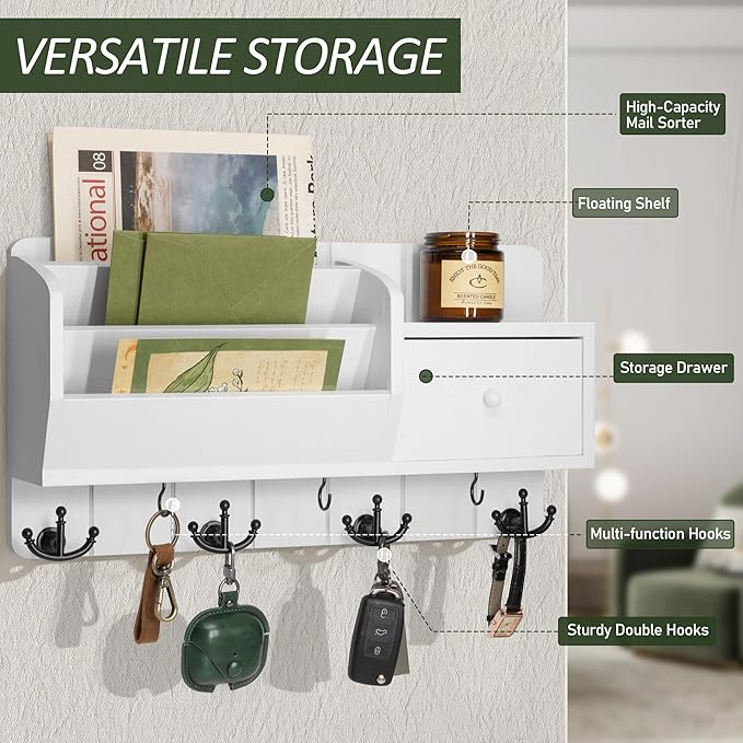 Rebee Vision Key Holder Wall Mount and Mail Organizer : Farmhouse Key and Mail Holder for Wall with Drawer and 7 Key Hooks - 