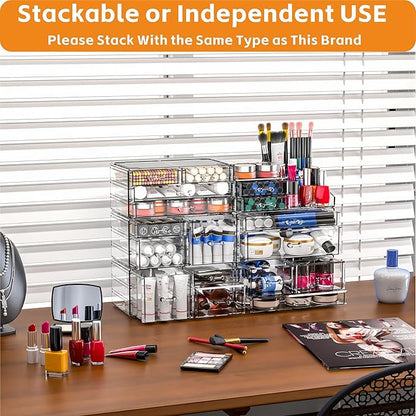 Cq acrylic Clear Make up Organizers for Vanity,Skincare Organizer With 5 Drawers for Dresser,Plastic Cute Desk Accessories Or