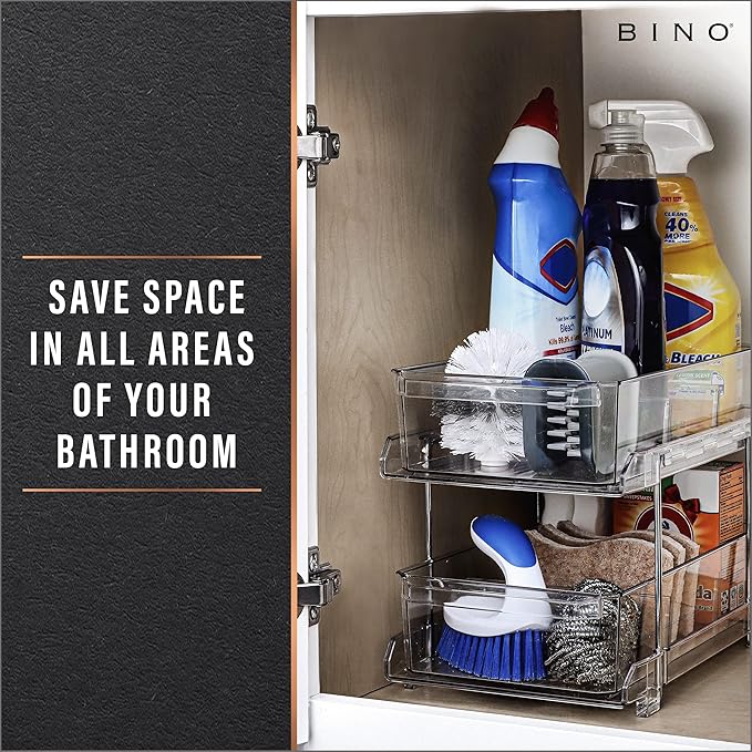 BINO 2 Tier Clear Storage Organizer with Dividers | Slide Out Drawer for Under Sink or Medicine Cabinet | Bathroom Closet, Va
