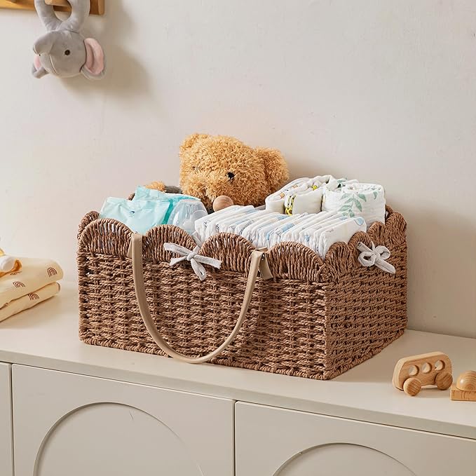 HBlife Baby Diaper Caddy, Paper Rope Storage Baskets Nursery Bin with Removable Divider, Portable Car Organizer for Diapers, 
