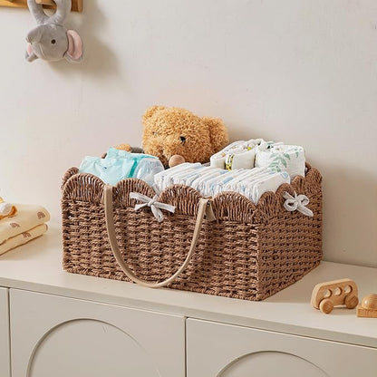 HBlife Baby Diaper Caddy, Paper Rope Storage Baskets Nursery Bin with Removable Divider, Portable Car Organizer for Diapers, 
