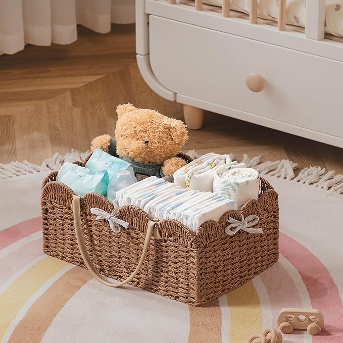 HBlife Baby Diaper Caddy, Paper Rope Storage Baskets Nursery Bin with Removable Divider, Portable Car Organizer for Diapers, 