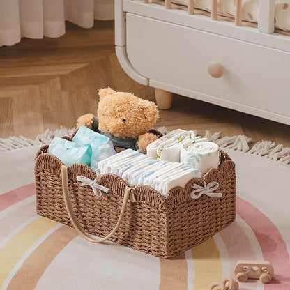 HBlife Baby Diaper Caddy, Paper Rope Storage Baskets Nursery Bin with Removable Divider, Portable Car Organizer for Diapers, 