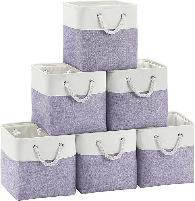 FinishingBo Large 11x11 Inch Cube Storage Bins with Cotton Handles for Closet, Shelves, Clothes, Towel (White/Purple-6 Pack)