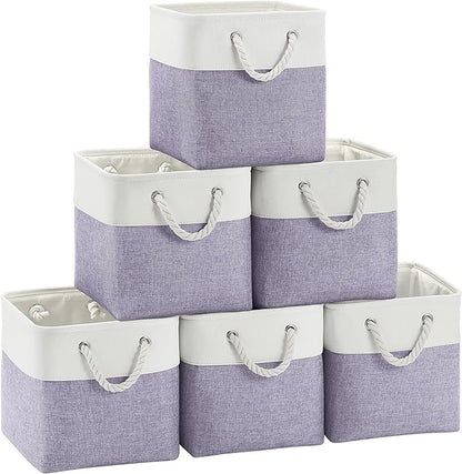 FinishingBo Large 11x11 Inch Cube Storage Bins with Cotton Handles for Closet, Shelves, Clothes, Towel (White/Purple-6 Pack)