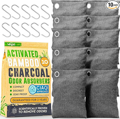 Activated Charcoal Odor Absorber for Strong Odors in Car, Closet, Shoe, Basement. 10 Activated Charcoal Bags Odor Absorbers f