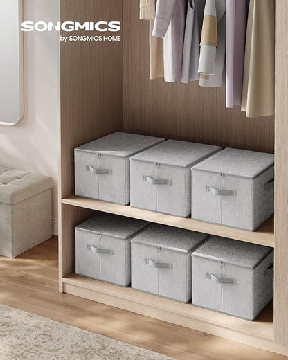 SONGMICS Foldable Storage Organizer Boxes, Set of 3 Storage Basket Bins with Lids, Handles, Clothes Organizer, 15.7 x 11.8 x 