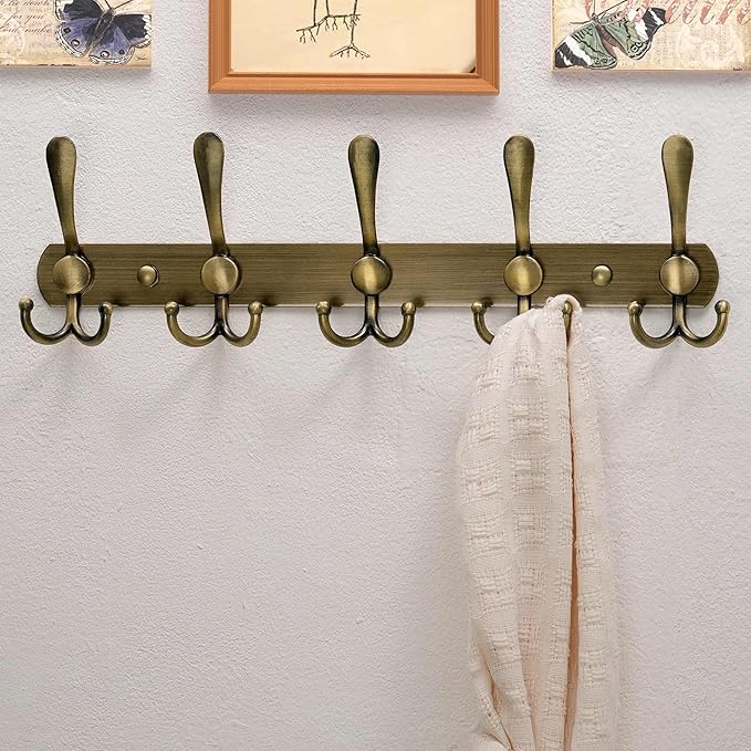 Dseap Coat Rack Wall Mounted - 5 Tri Hooks, Heavy Duty, Stainless Steel, Metal Coat Hook Rail for Coat Hat Towel Purse Robes 