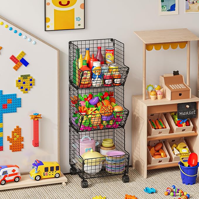 Sonyabecca Outdoor Toy Storage Basket, Play Kitchen Organizer with 5 S-Hooks,3 Tier Rolling Storage Cart Garage, Pantry Floor