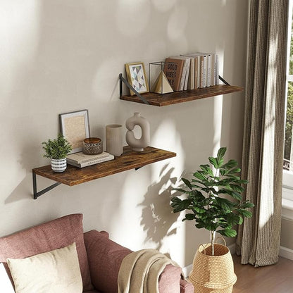 Deep Floating Shelves Wall Mounted, 30"x12" Brown Wood Shelves with Brackets Set of 2 for Bedroom, Living Room, Bathroom, Kit