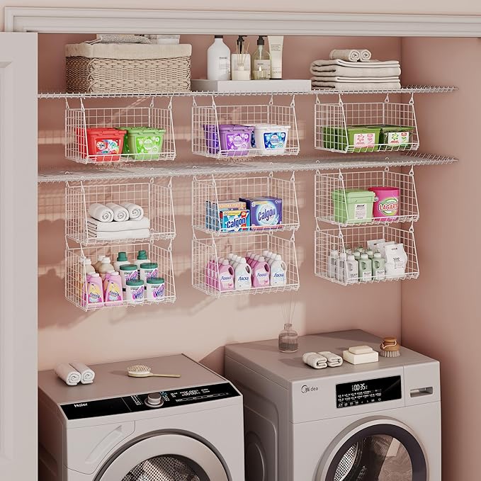 3-Tier Hanging Laundry Basket Organizer：Foldable Wire Shelf Laundry Room Organizer with 360°Rotating Hooks Small Space Soluti