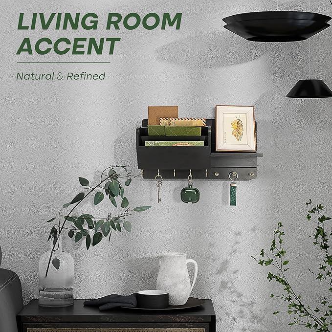 Rebee Vision Pine Wood Modern Key Holder Wall Mount for Home Decor - Mail Holder Wall Mounted with Floating Shelf & Hooks for