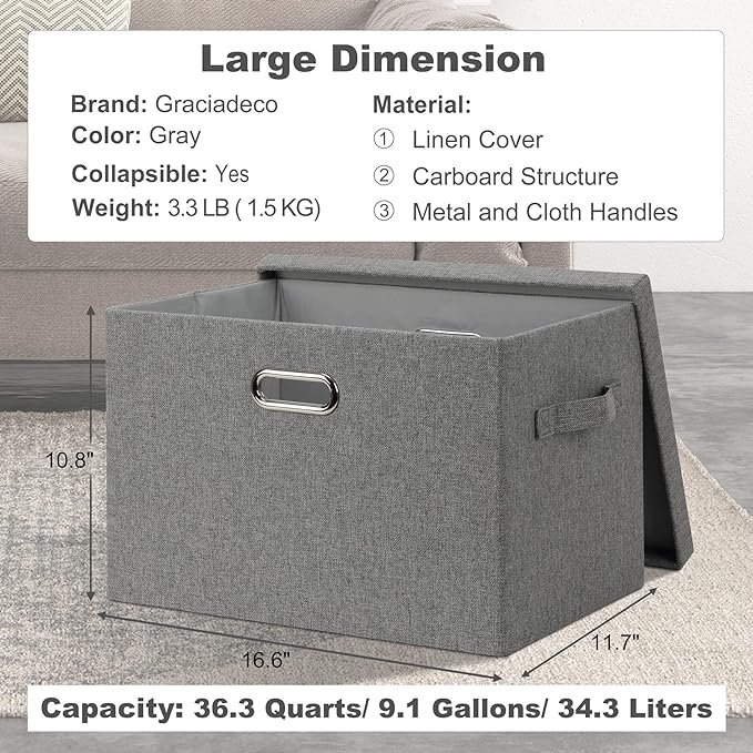 Graciadeco Large 17" 36 Quart Collapsible Stackable Storage Bins with Lids, 3 Packs Grey Linen Fabric Closet Boxes with Lids,
